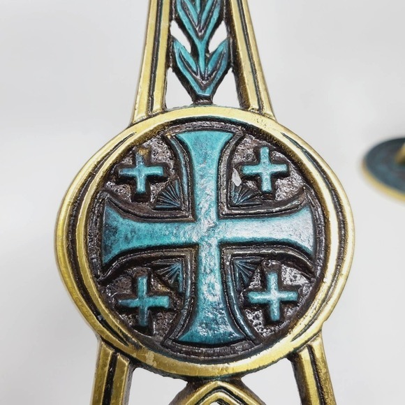 41. Vintage Holyland Jerusalem Brass Cross Candlesticks Holder Set of 2 - Picture 10 of 15